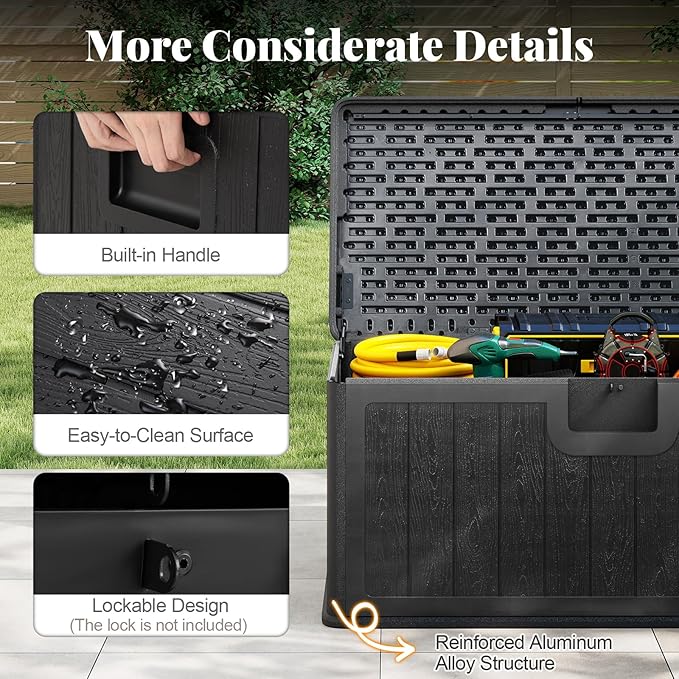 HAPPYGRILL Outdoor Storage Deck Box with Lockable Design & Gas Strut, Handle, 100 Gallon HDPE Patio Storage Organizer for Lawn Backyard Poolside (Black)