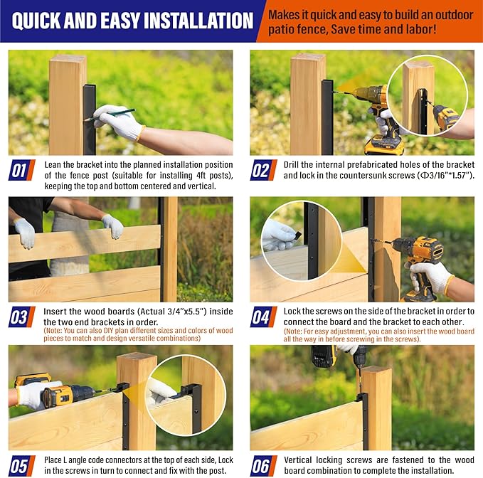 6pack 6FT (H: 68″) Matel Backyard Privacy Fence Panels Post Black, Install Fence Panels Post for Wood Slats Outdoor