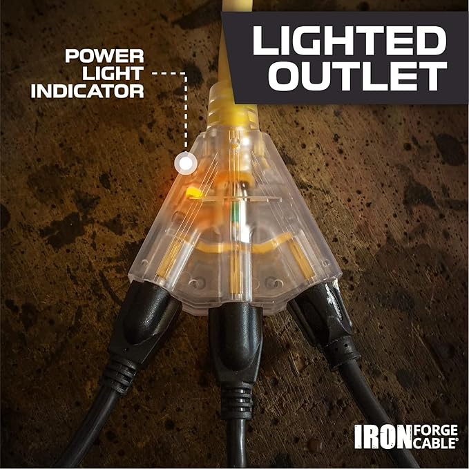 Iron Forge Cable 2 Pack 10 Foot Lighted Outdoor Extension Cord with 3 Outlets - 12/3 SJTW Heavy Duty Yellow Extension Cable 3 Prong - Multiple Outlets