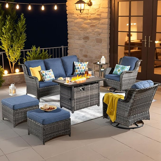 ovios 7-Pieces Patio Furniture Set with 42 Inch Fire Pit Table Swivel Chairs, Outdoor Wicker Sofa Couch Gliders Rocker, High Back Modern Conversation Set, Grey Rattan, Denim Blue