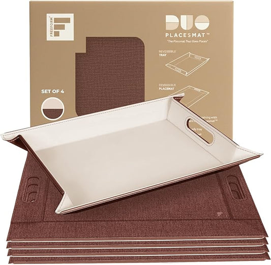 PLACEsMAT 2-in-1 Faux Leather Placemat & Serving Tray | Reversible Design, Lays Flat & Easy to Clean | Ottoman Food Tray, Perfect Housewarming Gift, 18” x 14” (Fabric Tan & Cream, Set of 4)