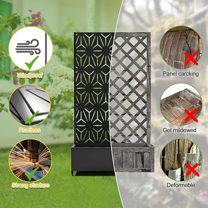 FENCY Metal Raised Garden Bed with Wheels and Trellis,73"x35"x16" Planter Box for Climbing Plants, Vegetables & Vines, Features Privacy Screen and Drainage Holes (Black-Star)