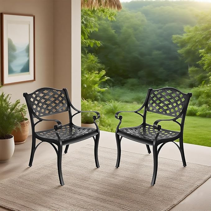 Cast Aluminum Patio Chairs Set of 2,Outdoor Bistro Dining Chair with Armrests,Metal 2 Piece Patio Bistro Chair with Adjustable Feet, Wrought Iron Outside Patio Furniture for Garden,Black