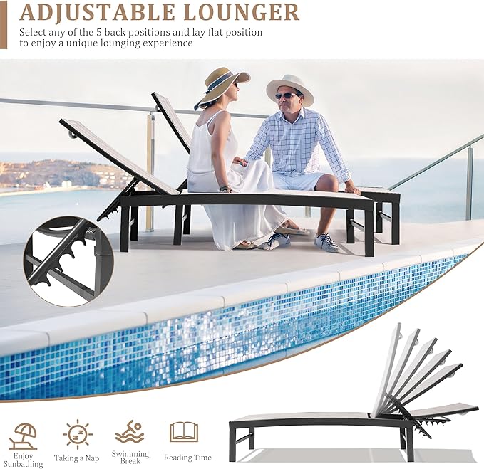 Patio Aluminum Chaise Lounge Chair, Set of 2 Outdoor Recliner Lounge Chair Sun Loungers, All Weather Chaise with 5 Adjustable Backrest and Lay Flat Positions for Garden, Balcony, Pool, Earth