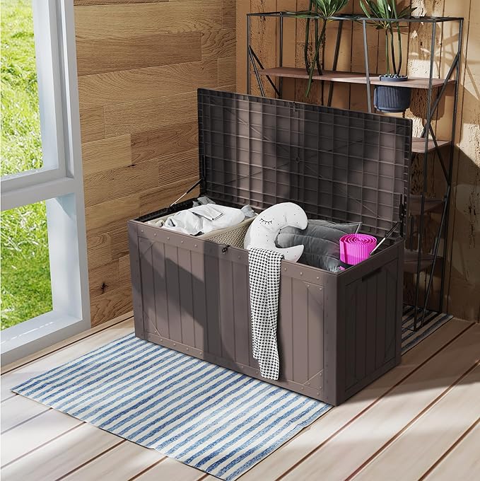 100 Gallon Outdoor Storage Box Waterproof,Resin Deck Box Storage Bin for Cushion Patio Furniture, Pool Accessories, and Garden Tools, Lockable & UV-Resistant, Brown
