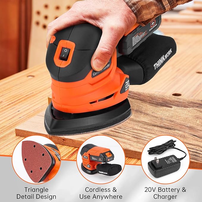 [Large 2.0Ah Battery] Cordless Detail Sander - 20V Electric Hand Sander for Woodworking with Dust Collector, 12000 OPM Palm Sander Tool with 21PCS Sanderpapers for Sanding, Polishing