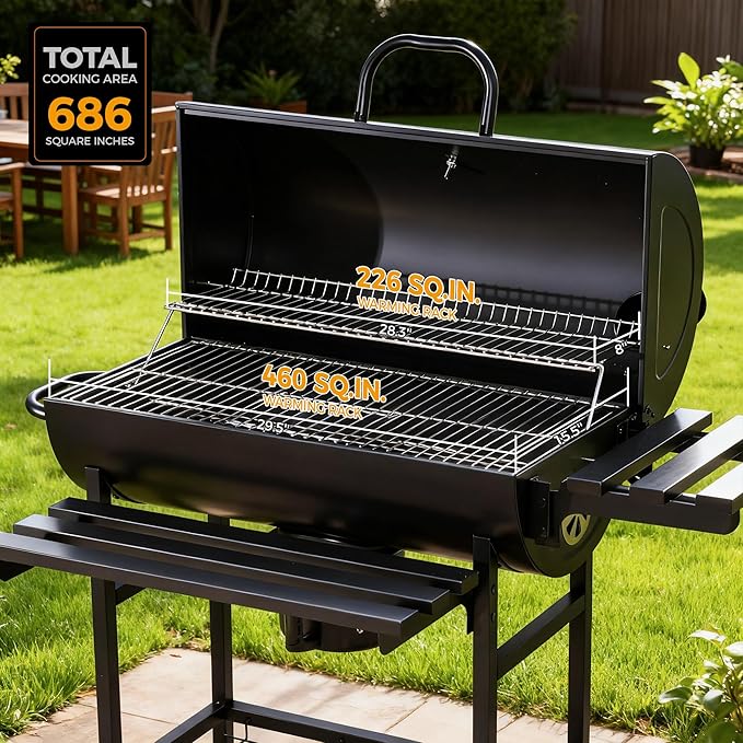 MASTER COOK Barrel Charcoal Grill with Foldable Front Shelf, Outdoor bbq Grill with 686 Sq.in. Cooking Area, Thermometer and Adjustable Air Vents for Patio, Parties,Backyard, Tailgating, Black