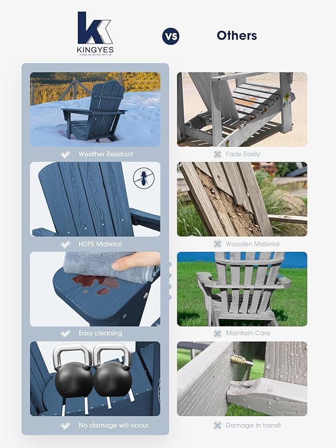 KINGYES Folding Adirondack Chair Set of 8, HDPE All-Weather Adirondack Chair, Navy