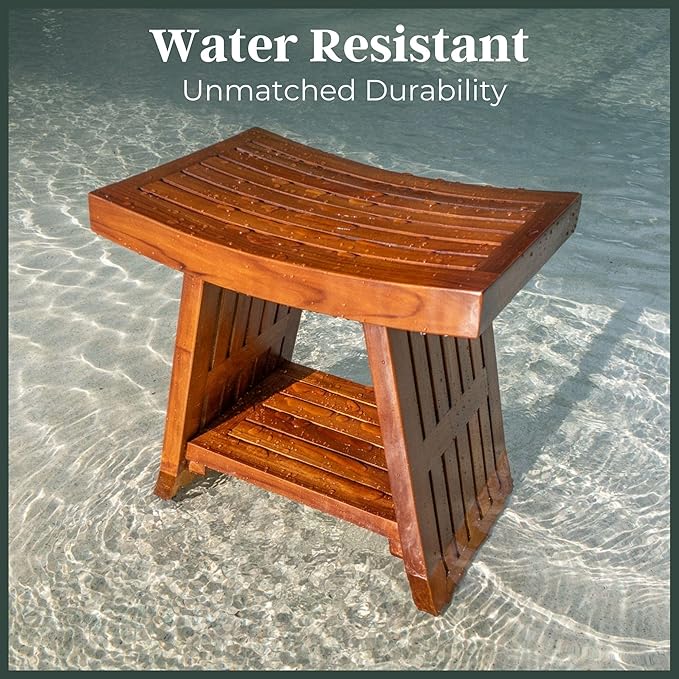 Teak Shower Bench 18 Inch – Fully Assembled Waterproof Seat with Curved Design – Durable Wooden Stool for Bathroom, Spa, or Outdoor Use