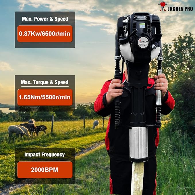 Gas Powered 4 Stroke T Post Driver Hammer Drills, 37.7CC Gasoline Engine Pile Driver, Gasoline Petrol Garden Fencing Tool Machine with 3 Post Driving Head, 49mm, 69mm, 100mm