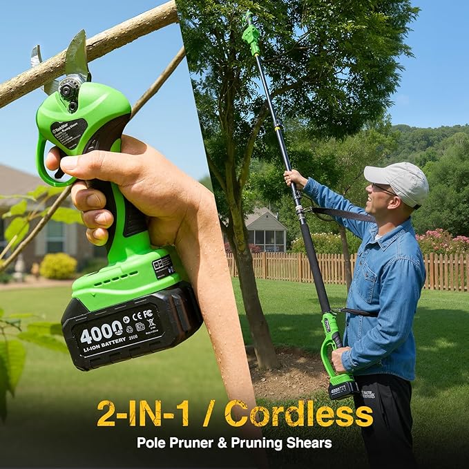 Electric Pruning Shears Cordless with Pole: 1.2" Cutting Diameter 2-in-1 Pole Pruners - 2 Pcs 4.0Ah Batteries, Brushless Motor, Extra SK5 Blade, 4 Cutting Modes Tree Pruner for Gardening