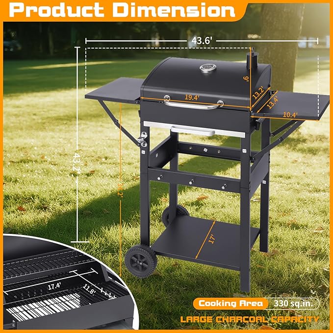 CIG GARDEN Charcoal Grill with 2 Foldable Side Tables,20-Inch Outdoor Barbecue Grill with 330 Sq.In.Cooking Area,Enamel Steel Wiring Charcoal Grill with Charcoal Trays for Camping Garden Backyard