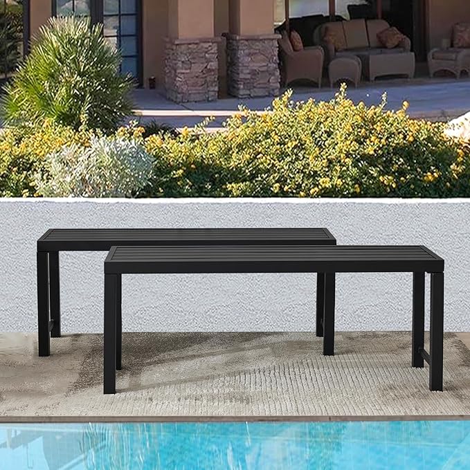 Black Outdoor Bench, Outdoor Metal Backless Bench Set of 2, 46" Patio Garden Bench for Outdoor, All Weather Outdoor Bench for Garden, Backyard, Porch, Black