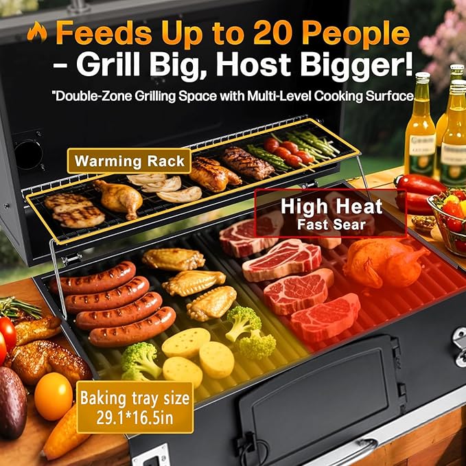 Built-in Barbecue Grills, Large Charcoal BBQ Grills with Liftable Tray, Insulated Hood & Temp Gauge, Black Stainless Steel Charcoal BBQ Barrel Grill for Outdoor Kitchen Camping Park Style