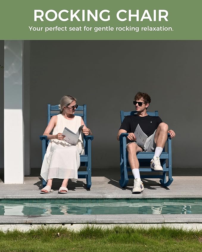 Oversized Outdoor Rocking Chair, High Back Porch Rocker Chair, HDPE All Weather Resistant Rocking Chairs for Patio, 380lbs Weight Capacity, Navy Blue