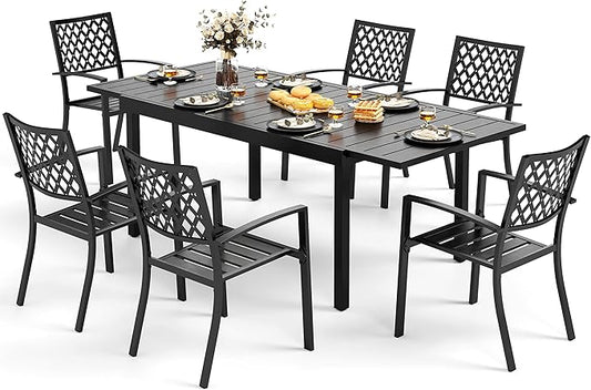 MFSTUDIO Outdoor Dining Set for 6, Expandable Patio Table and Chairs Set, 7 Piece Metal Patio Furniture Set, Patio Dining Set for Deck Backyard Poolside Garden