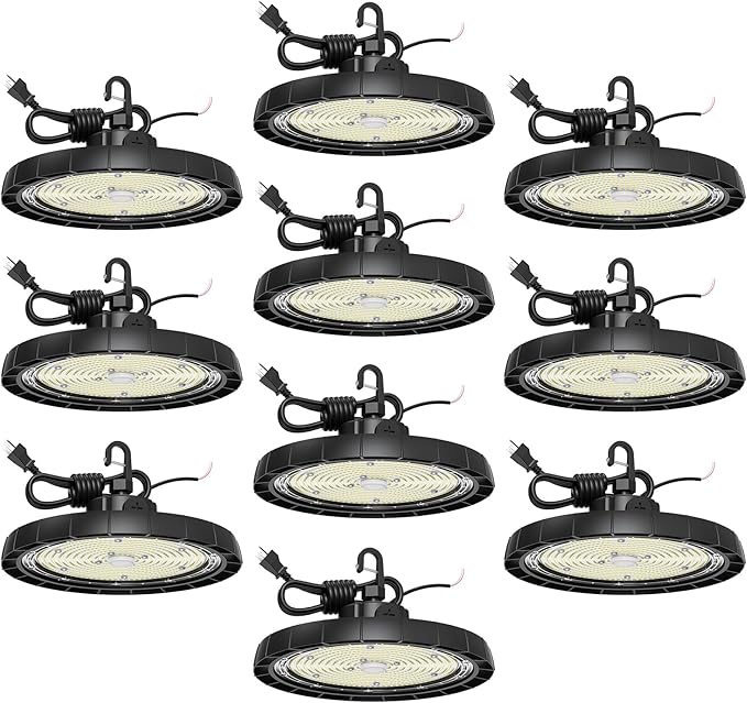 High Bay LED Shop Lights for Garage Workshop,100W 150W 200W Adjustable 130LM/W Super Bright 0-10V Dimmable UFO lights with US Plug,6500K AC100V-277V IP65 Waterproof Commercial Bay Lamp for Barn 10Pack