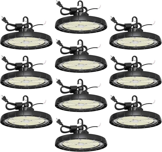 High Bay LED Shop Lights for Garage Workshop,100W 150W 200W Adjustable 130LM/W Super Bright 0-10V Dimmable UFO lights with US Plug,6500K AC100V-277V IP65 Waterproof Commercial Bay Lamp for Barn 10Pack