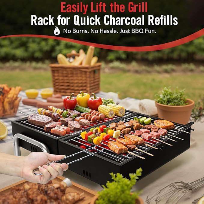 Portable Charcoal Grill, Table Top Small BBQ Grill For Outdoor, Camping, Beach, Easy Assembly, Heavy Duty & Multi-Use Small Grill, Black (270 Sq.In)