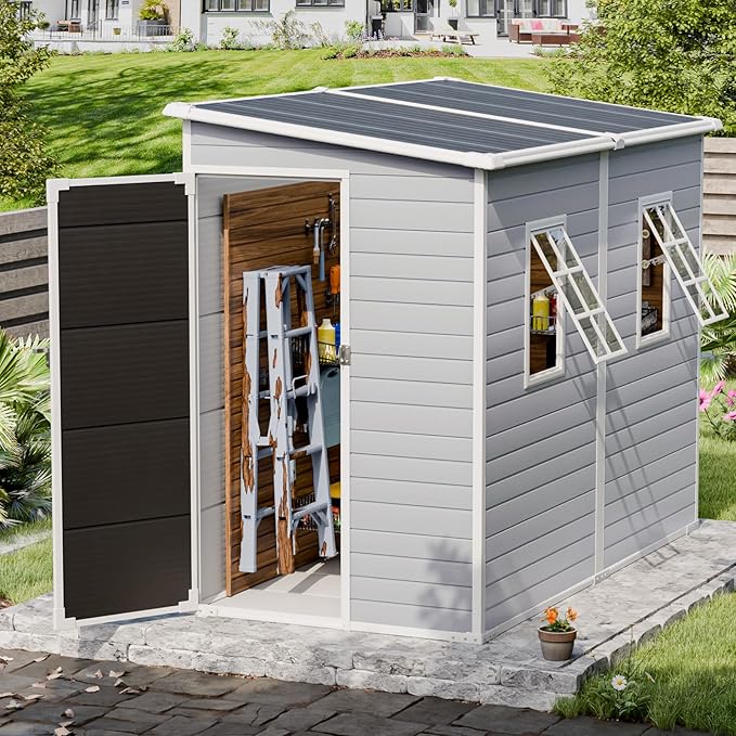 4x8 FT Plastic Storage Sheds Outdoor with Floor and Openable Window, Lean to Resin Shed Easy to Install, Compact Sheds & Outdoor Storage/Tool Shed for Garden & Backyard, Gray