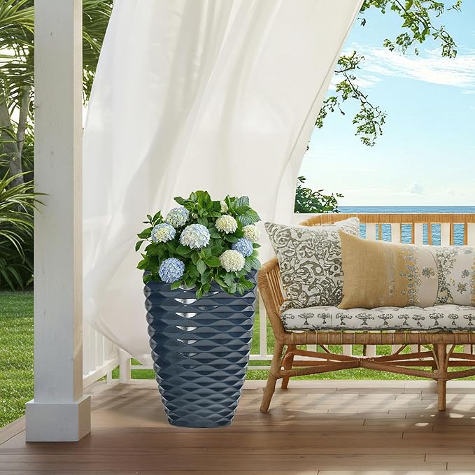 19" Resin Tall Outdoor Planters,Set of 2 Marine Round Large Flower Pot for Plants,Handmade Glossy Finish and Wave Texture,Weather-Resistant for Porch Christmas Decor,Garden, Patio or Indoor Use