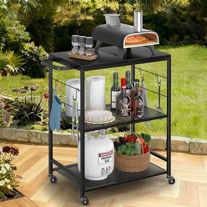 Grill Cart for Outside, 3-Tier BBQ Food Prep Rolling Table Cart, with 23.62" Lx 15.75" W Stainless Steel Tabletop, Outdoor Pizza Oven Table Ideal for Patio Backyard Kitchen Tools Room