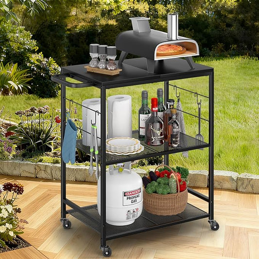 Grill Cart for Outside, 3-Tier BBQ Food Prep Rolling Table Cart, with 23.62" Lx 15.75" W Stainless Steel Tabletop, Outdoor Pizza Oven Table Ideal for Patio Backyard Kitchen Tools Room