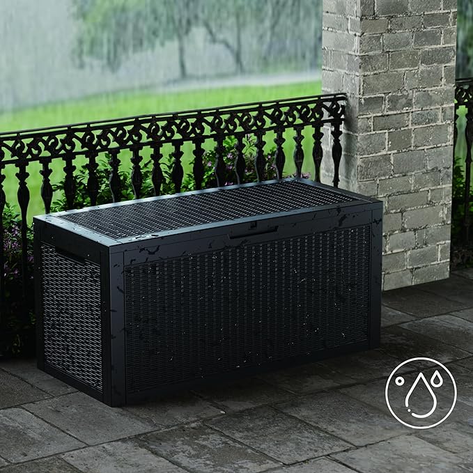 Mersco 100 Gallon Double-Wall Resin Deck Box - Lockable Waterproof Outdoor Storage Box, 1000lbs Capacity & Doubles as Seating for Patio Furniture - Garden Tools, Pool Accessories (Black)
