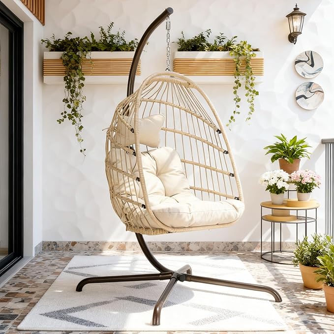 BLUEXYARD Indoor Swinging Egg Chair with Stand, 350 Lbs Water-Resistant Wicker Hanging Hammock Chair with Comfy Cushion, Outdoor Heavy-Duty Eggshell Basket for Balcony Patio Bedroom Garden, Beige