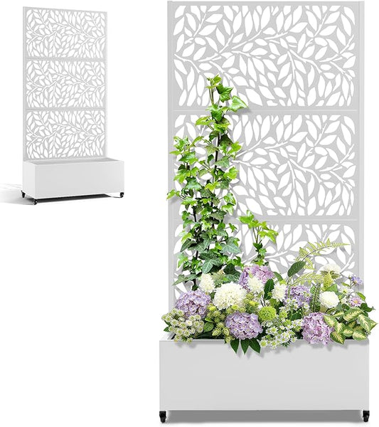 Metal Planter Box with Trellis and Wheels, 35" L×16" W×71" H Outdoor Raised Beds with Privacy Screen, Drainage Holes for Climbing Plants (White Leaf)