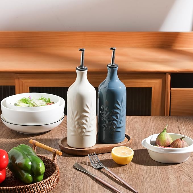 Sweejar Ceramic Olive Oil Dispenser Bottle, 20 Oz Relief Opaque Oil Cruet Protects To Reduce Oxidation, Suitable for Storage Vinegar, Soy Sauce,Liquids,Set of 2 (BeigeFogblue)