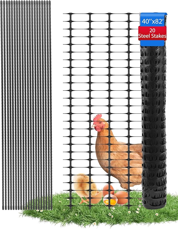 Garden Fence Animal Barrier, Snow Fence Temporary Fence Kit 40 in X 82 Ft, Plastic Safety Fence with 20 45-Inch Steel Stakes and 100 Zipper, Garden Fencing Temporary Fencing for Backyard