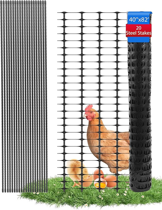 Garden Fence Animal Barrier, Snow Fence Temporary Fence Kit 40 in X 82 Ft, Plastic Safety Fence with 20 45-Inch Steel Stakes and 100 Zipper, Garden Fencing Temporary Fencing for Backyard
