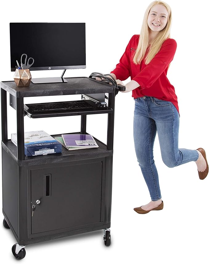 Line Leader Plastic AV Cart with Keyboard Tray and Locking Metal Cabinet, Heavy Duty Mobile Workstation with 4 Rolling Casters, 2 Locking Brakes, Heavy Duty, Holds up to 75 lbs (42 Inch w Cabinet)
