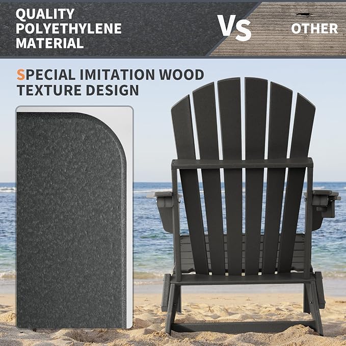 FUNBERRY Folding Adirondack Chair, HDPE All Weather Fire Pit Chairs with Cup Holder for Outdoor