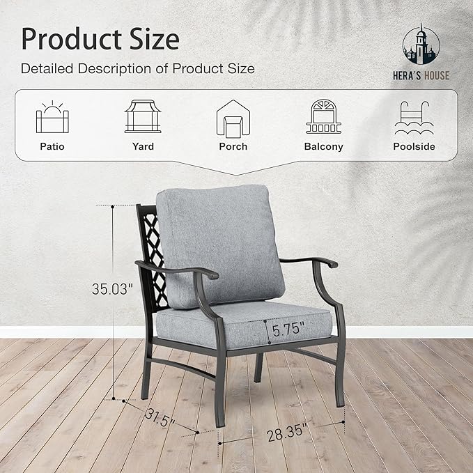 HERA'S HOUSE Outdoor Chairs Set of 2, 2 x Patio Chair with Grey Cushions, All Weather Outdoor Furniture for Lawn Garden Backyard Deck(Leg Chairs)