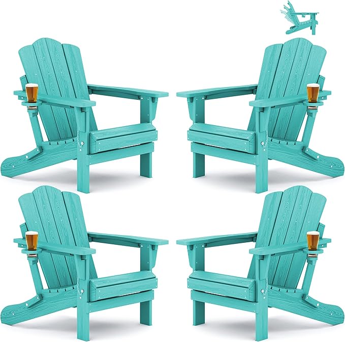 KINGYES Adjustable Folding Adirondack Chair Set of 4, 3-Position Reclining Adirondack Chairs with Cup Holder, HDPE All-Weather Oversized Adirondack for Outdoor, Patio, Deck, Fire Pit, Aruba Blue
