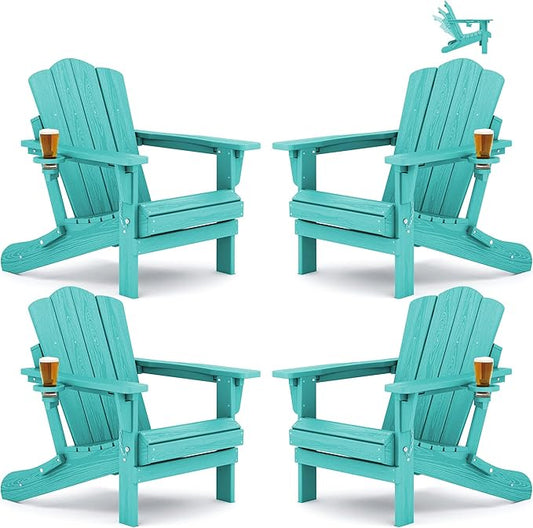 KINGYES Adjustable Folding Adirondack Chair Set of 4, 3-Position Reclining Adirondack Chairs with Cup Holder, HDPE All-Weather Oversized Adirondack for Outdoor, Patio, Deck, Fire Pit, Aruba Blue