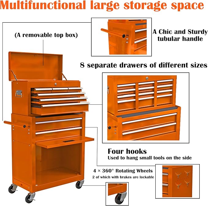 8 Drawers Rolling Tool Box Organizer,High Capacity Tool Chest with Wheels,Lockable Rolling Tool Chest with Bottom Cabinet, Tool Box Rolling Workshop Storage Cabinet (8 Drawers(Orange))