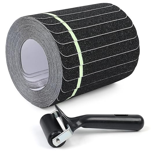 Outdoor Non Slip Tape 6'' x 32'' (12-Pack) High Traction Adhesive Treads with Free Roller - Heavy Duty 80 grit Non Slip Tape -Anti Skid Strips Black with Glow in The Dark Stripe - Grip Tape for Steps