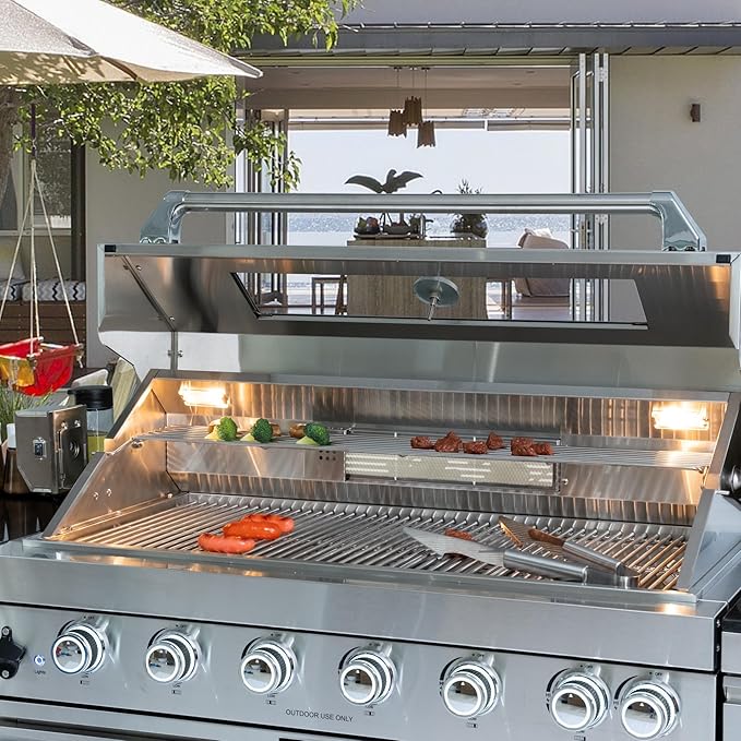 85 Inches 6-Burner 85000 BTU Deluxe Stainless Steel Propane Gas Outdoor Kitchen Bar Barbecue Island Grill with Wine Cooler, Compact Refrigerator, Rotisserie, Granite Countertops & Storage, Silver