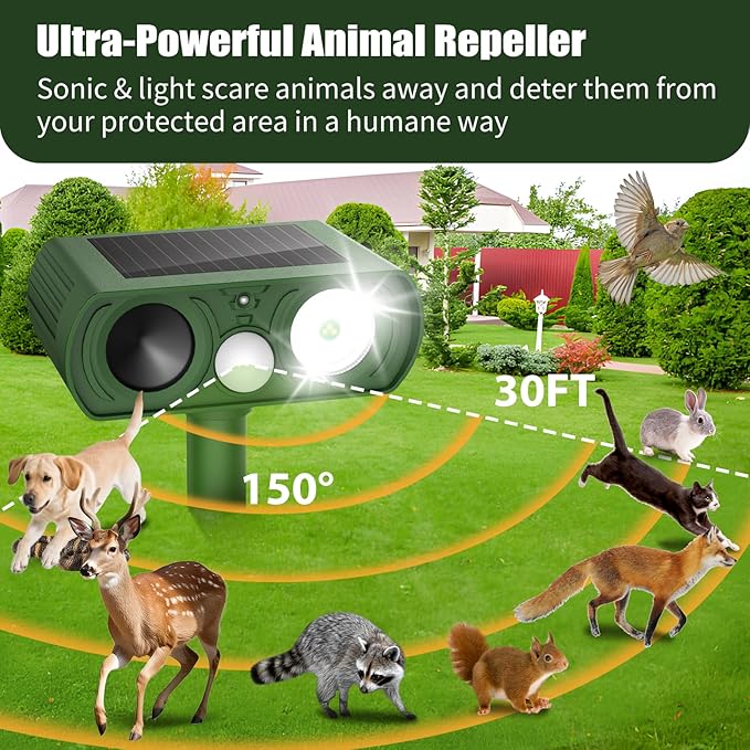 Solar Ultrasonic Animal Repellent, Deer Repellent Devices Waterproof, Cat Repellent Outdoor with Motion Detection Squirrel Skunk Rabbit Dog Raccoon Deterrents Animal Repeller for Yard, 1 Pack