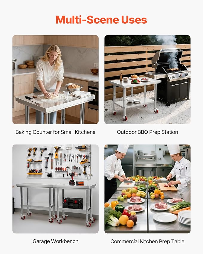 VEVOR Stainless Steel Table, 24 x 35.4 Inches Food Prep Worktable with Wheels, Kitchen Prep Table with Adjustable Undershelf Workstations for Commercial Kitchen, Restaurant, Hotel and Garage, Outdoor