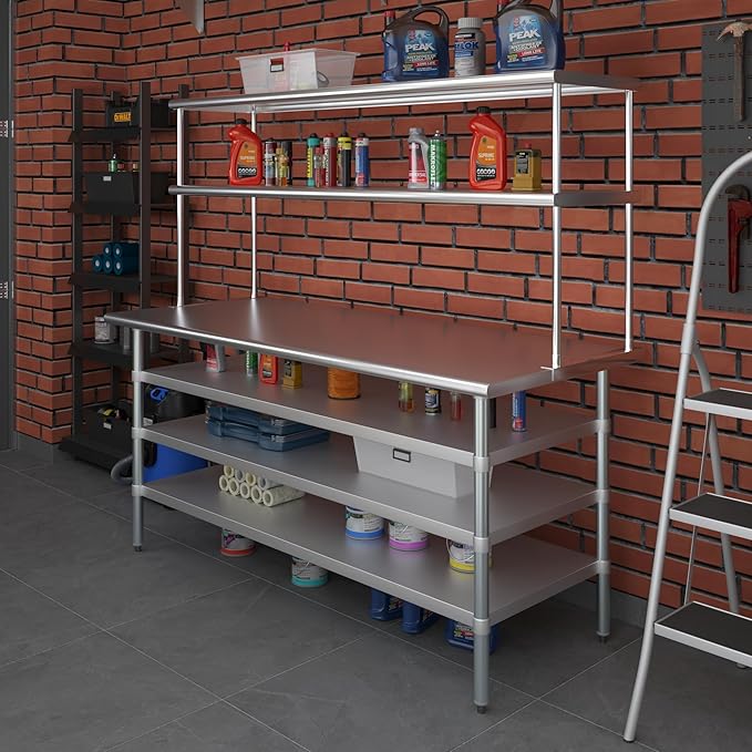 Amgood 30" x 72" Stainless Steel Work Table with 3 Shelves and 18" Wide Double Tier Overshelf | Metal Kitchen Prep Table & Shelving Combo | NSF