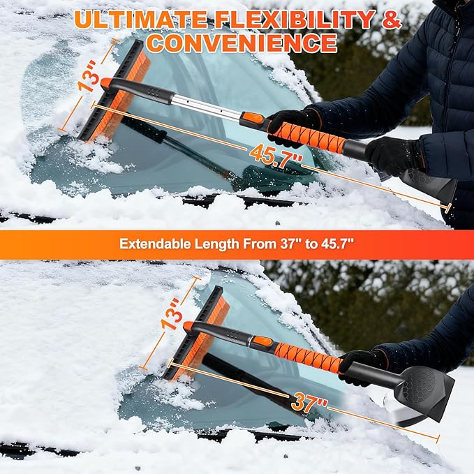 45.7" Extendable Snow Brush and Larger Ice Scrapers for Car Windshield, Scratch-Free Snow Brush with 360° Pivoting Head & Non-Slip Foam Grip, Ice Removal Tool for Car, SUV, Trucks