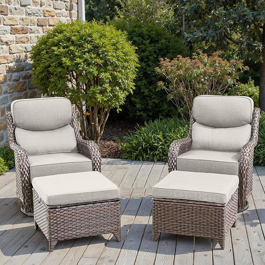 Swivel Patio Chairs sofa Set with 6" Thick Cushion - Wicker Outdoor Swivel Rocker Patio Chair with Side Table, High Back Comfortable Outdoor Glider Chairs - Brown Wicker | Beige Cushions | 4pcs