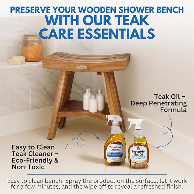 EcoDecors Teak Shower Bench 18", 300 lb Capacity – Waterproof Wood Bath Seat with Shelf, Spa Seating for Adults – Compact Fit for Small Bathrooms & Walk-in Showers – Slip-Resistant Feet