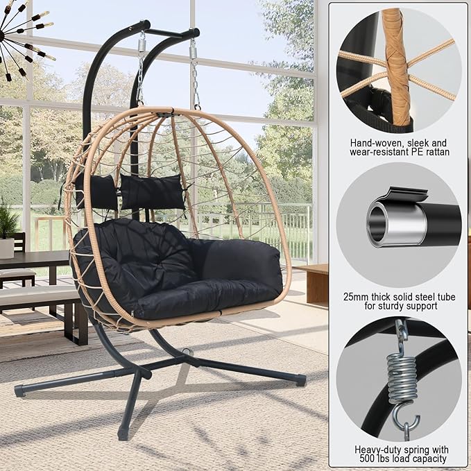 Double Hammock Egg Chair 2 Person Egg Chair Outdoor Swing with Stand Patio Wicker Hanging Chair Widened and Enlarged Hanging Chair Swing Chair for Patio Bedroom Porch