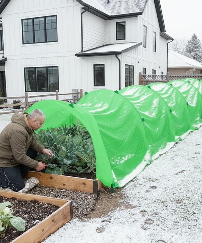 10ft x 50ft Plant Frost Protection Cover, 1.3 oz/yd² Reusable Freeze Blanket with 36 Hoops & 12 Stakes, Garden Greenhouse Tunnel for Winter Snow, Frost & Pest Protection on Outdoor Raised Beds