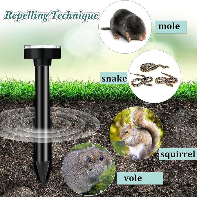 Mole Repellent 10P Solar-Powered Deterrent Stake, Sonic Spikes Get Rid for Snake, Groundhog, Gopher, Vole, Deer, Repellent for Lawns Garden & Yard Black